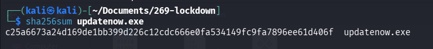 Terminal output running sha256sum updatenow.exe showing the hash c25a6673a24d169de1bb399d226c12cdc666e0fa534149fc9fa7896ee61d406f.